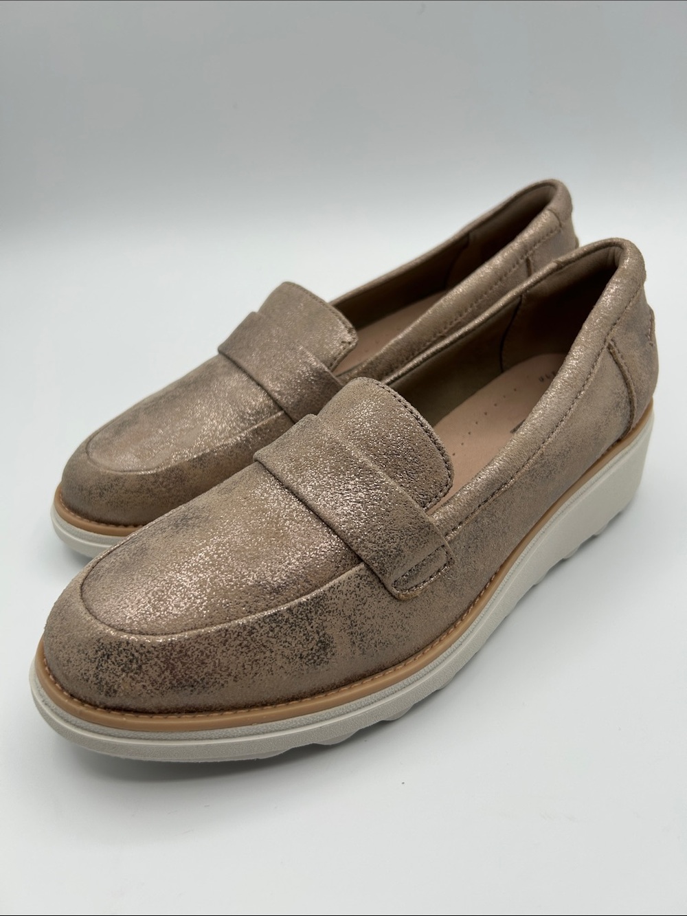 Clarks Metallic Taupe Penny Loafers with White Platform
